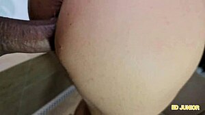 Eva Perez, the mature brunette slut, smokes and fucks in red lingerie, giving blowjobs and riding cowgirl in interracial bareback action.