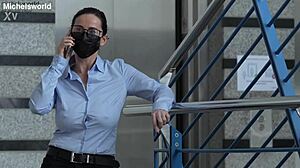 petite wife acts as blindfolded slave with big natural tits exposed braless downblouse in public outdoor lingerie scene