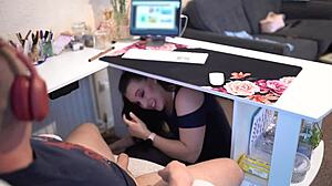 naughty secretary handles boss during zoom meeting with mouthful result