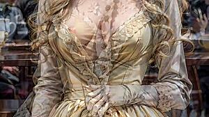 بلوند مولدة بالذكاء الاصطناعي تظهر تحت فستان فيكتوري في مشهد عام