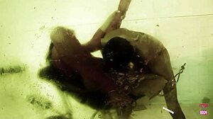 Bruna sexy con tacchi e calze si diverte con il cibo e scopa