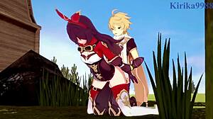 Amber és Fischl intenzív szexben Amyval és Aetherrel - Genshin Impact Hentai