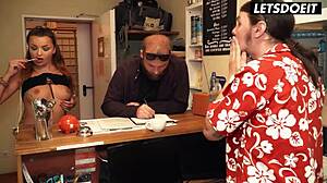 hey receptionist, why is daphne klyde getting her pussy fucked in doggystyle and deepthroat at horny hostel?