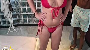 Interracial rabuda sucks big cock in lingerie.