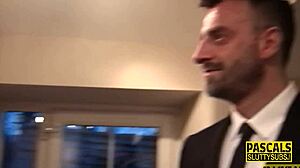 Chubby Submissive Skank Sucks and Fucks in Bondage Gear