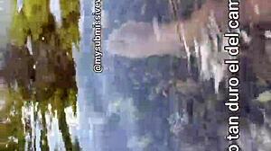 Hey, check out this latina brunette touching her tits outdoors.