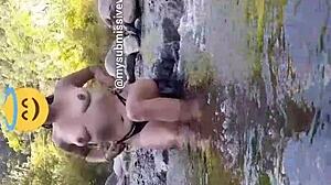 Hey, check out this latina brunette touching her tits outdoors.