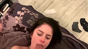 In this amateur scene, a skinny teen slut eagerly sucks on a big cock, her lips wrapped tightly around it.