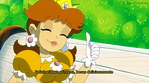 peach and daisy in sexy lesbian scene. they touch and kiss softly.