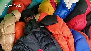 twenty down jackets float in inflatable pool