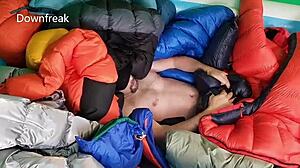 twenty down jackets float in inflatable pool