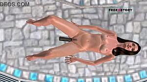 I watch this cute girl masturbate with a bottle by the pool in 3D anime