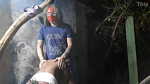 Spider-Man fucks the young brunette at Halloween party, and her family saw it!