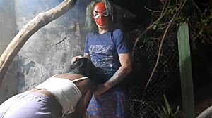 Spider-Man fucks the young brunette at Halloween party, and her family saw it!