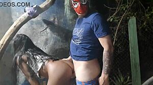 Spider-Man fucks the young brunette at Halloween party, and her family saw it!