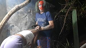 Spider-Man fucks the young brunette at Halloween party, and her family saw it!