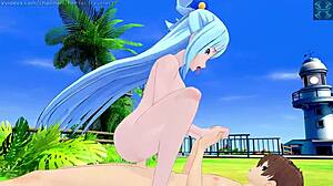 Aqua konosuba rides hard in intense hentai session.