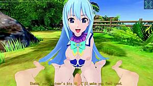 Aqua konosuba rides hard in intense hentai session.