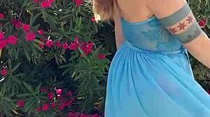 Tattooed Milf Strips and Plays with Toys Outdoors