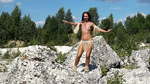 A topless dance in a white quarry in nature