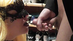 The blonde gives an amazing blowjob and swallows cum from big cock