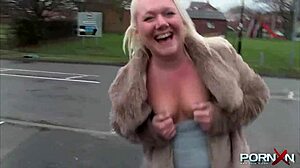 watch this british blonde flashing her perky tits and pissing outdoors