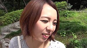 Beautiful Japanese woman with big bosom in hot scene