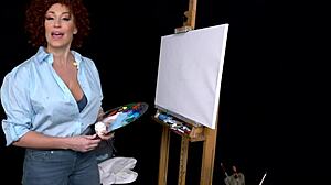 Big Tits Milf Ryan Keely in Bob Ross Cosplay Gets Excited During Painting Webcam Tutorial