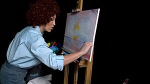 Big Tits Milf Ryan Keely in Bob Ross Cosplay Gets Excited During Painting Webcam Tutorial