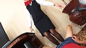 Flight attendant in pantyhose seduces her passengers