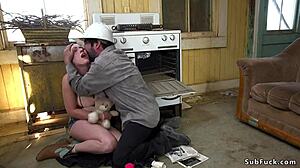 Busty blonde with trimmed pussy pounded in wild gangbang