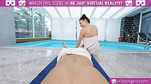 young brunette gets fucked hard at the pool side