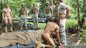shirtless military muscle gives teen virgin blowjob in gay jungle