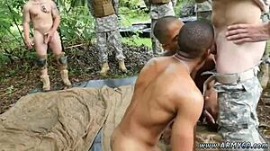 shirtless military muscle gives teen virgin blowjob in gay jungle