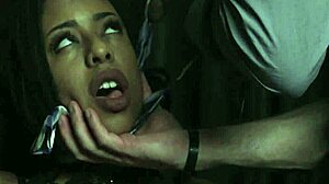 Kira Noir in an interracial BDSM scene in the garage