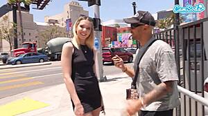 Blonde teen gives hawk tuah blowjob on street!