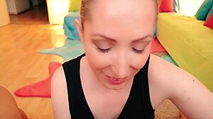 Blonde Candy May gives sloppy BBC blowjob and eats balls