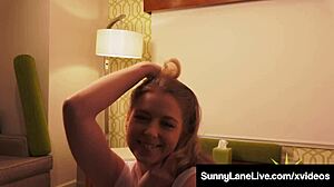 Horny Sunny Lane finger fucks her tight pink pussy in wild POV.