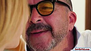 Blonde babe gets pounded hard by old guys