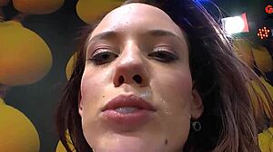 European slut gets a facial in a hot blowbang scene
