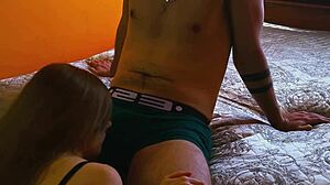 Young 18+ blonde chick in underwear gives great blowjob to neighbor's big cock