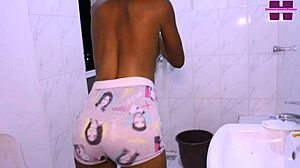 happy babe gets all the fuck in the bathroom by a shy black boy please subscribe to red