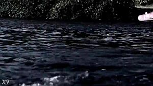 Blonde girl in bikini swims in supernatural setting