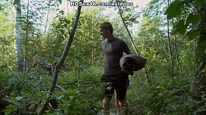 Shaved pussy chick enjoys hard sex on river bank