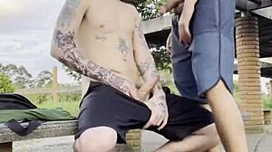 Young guys banging hard in public square without shame