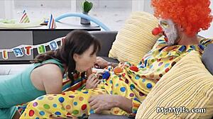 Horny Housewife Rides Clown's Hard Cock Wildly!