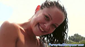 Euro Babe Pisses Intensely Over Grandpa Outdoors