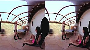 Three beautiful women playing table tennis and having sex on a desk