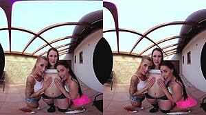 Three beautiful women playing table tennis and having sex on a desk