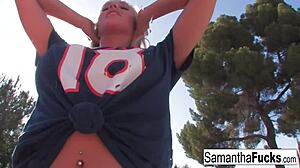 Samantha Saints gives BJ, gets creampie.